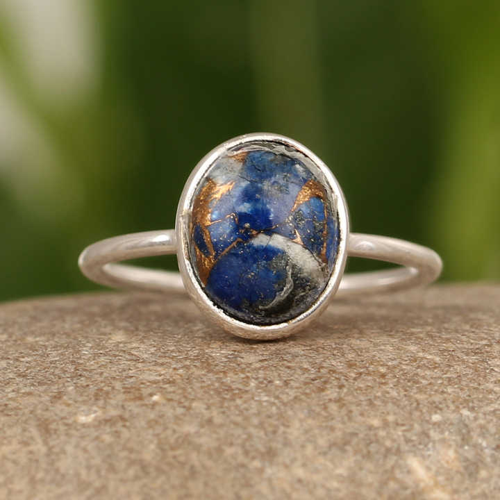 Top Selling 925 Sterling Silver Women's Ring Mohave Lapis Lazuli & Copper Gemstone Bezel 10x17mm Coffin Dainty Fine Jewelry