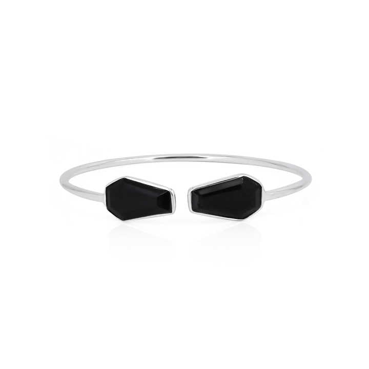 Top Selling Genuine Solid 925 Silver Black Onyx Coffin Shape Bezel Setting Minimalist Statement Adjustable Cuff Bangle For Women