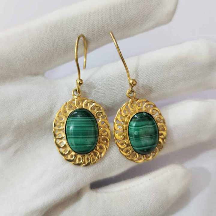 Top Quality Genuine Green Malachite 10x14mm Oval Shape Bezel Setting Solid 925 Sterling Silver 14k Gold Plated Dangle Earring