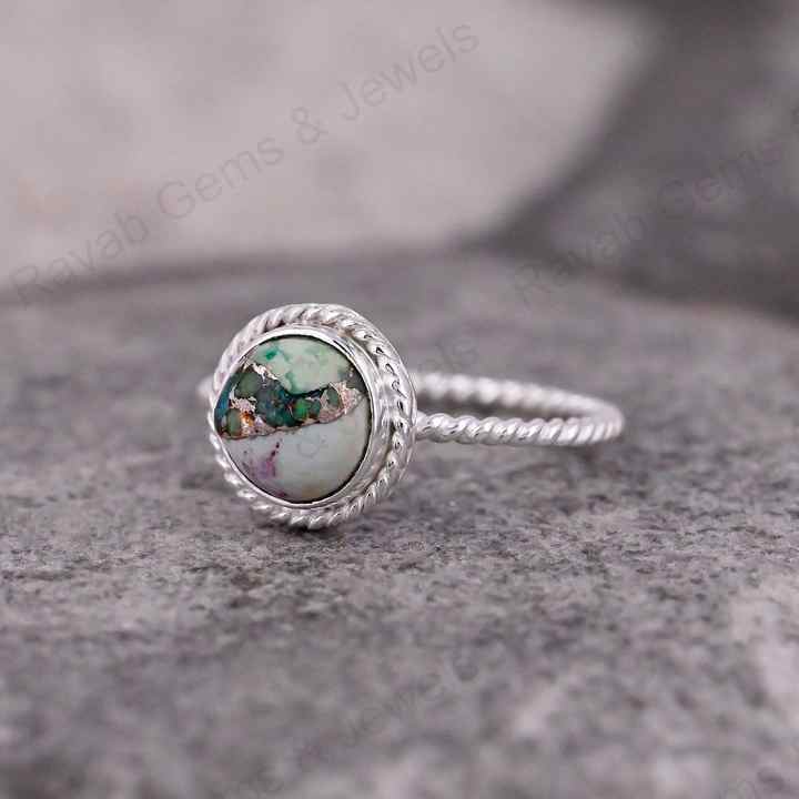 Best Quality Solid 925 Sterling Silver Natural Chrysocolla Copper 10mm Round Twisted Band Bezel Setting Ring Handmade Jewelry