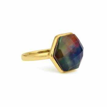 Latest 18K Gold Plated Fine Jewelry Ring Simple Hexagon Shape Featuring 12mm Abalone Shell Hydro Quartz Bezel Setting for