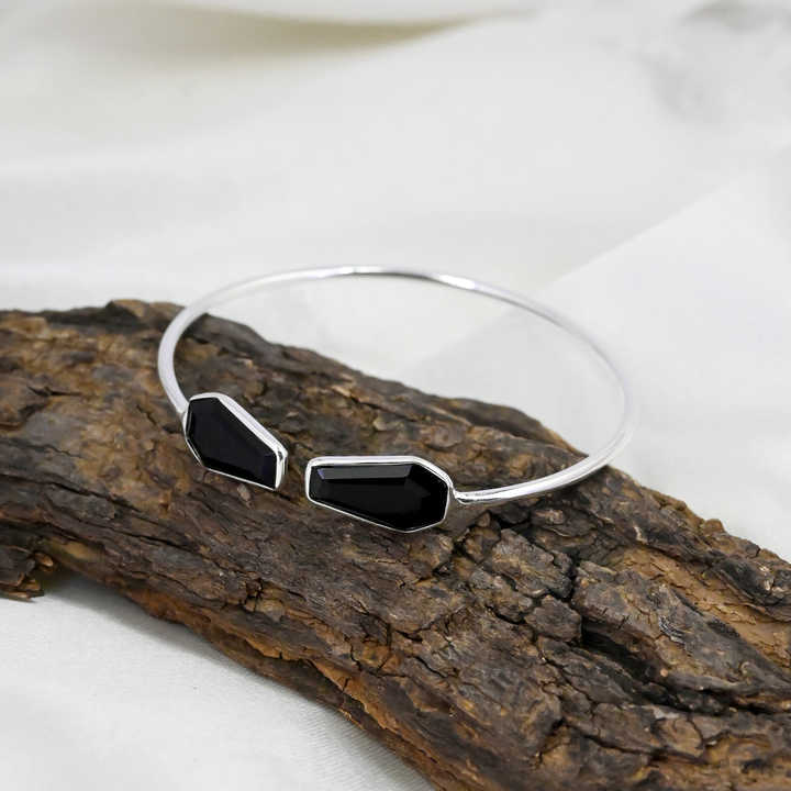 Top Selling Genuine Solid 925 Silver Black Onyx Coffin Shape Bezel Setting Minimalist Statement Adjustable Cuff Bangle For Women