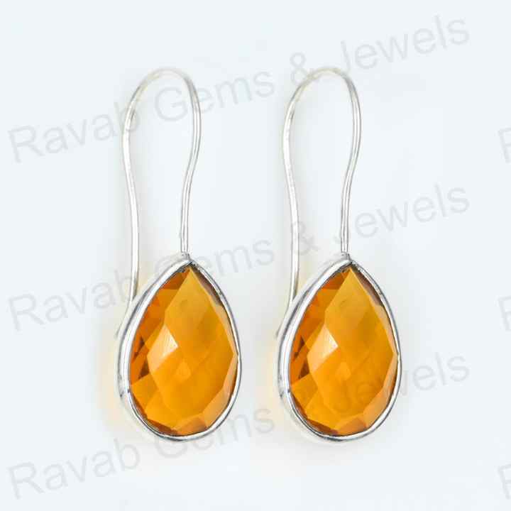 New Arrival Solid 925 Sterling Silver Citrine Hydro Quartz Pear Checker Cut Bezel Setting Dangle Drop Earring for Women Jewelry