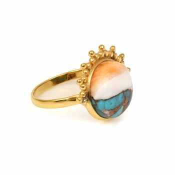 Hot Selling 12mm Kingman Spiny Oyster Copper Turquoise Gemstone Bezel Designer Women's Ring 18K Gold & Silver Plated