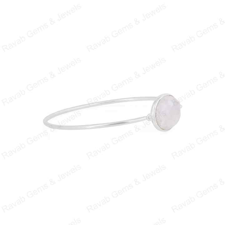 Genuine 925 Sterling Silver Natural Rainbow Moonstone Checker Cut 10x14mm Bezel Setting Front Open Lock Fine Bangle Bracelet