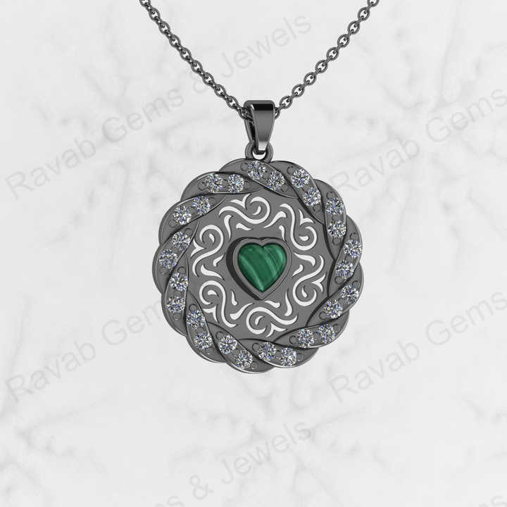 Solid 925 Sterling Silver Natural Malachite Gemstone Heart Shape 5.50mm Filigree Designer Pendant Necklace Handmade Jewelry