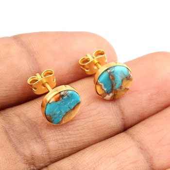 Handmade 925 Sterling Silver Fine Stud Earrings Gold-Plated Natural Oyster Copper Turquoise Gemstone Party Wedding Gift for