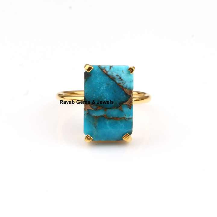 Hot Selling Natural Blue Copper Turquoise Gemstone Jewellery Gold Plated Solid 925 Sterling Silver Prong Setting Ring for Women