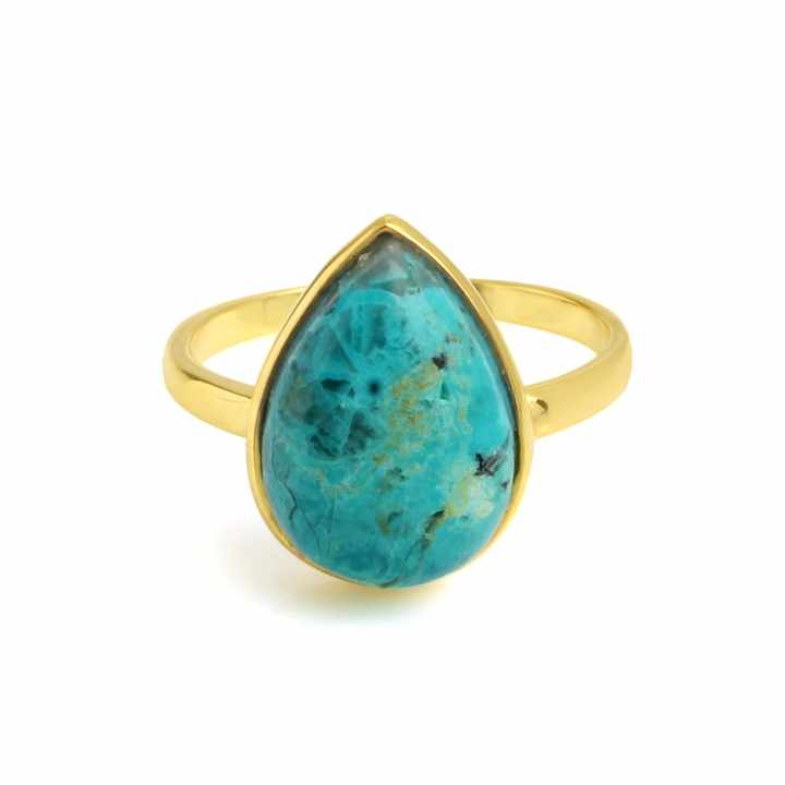 Dainty 10x14mm Natural Chrysocolla Stone Ring 18K Gold Plated 925 Sterling Silver Pear Shape Beautiful Fine Jewelry for Women