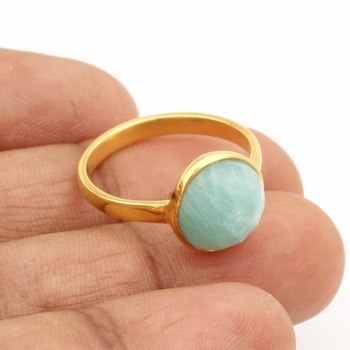 High Quality 10mm Natural Amazonite Gemstone Ring Delicate Handmade 18K Gold 925 Silver Plated Excellent Women's Fine Jewelry