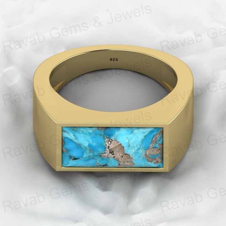 Top Selling Genuine 925 Silver 7x14mm Rectangle Pyrite & Turquoise Gemstone Bezel Sating Signet Ring for Men Wedding Jewelry