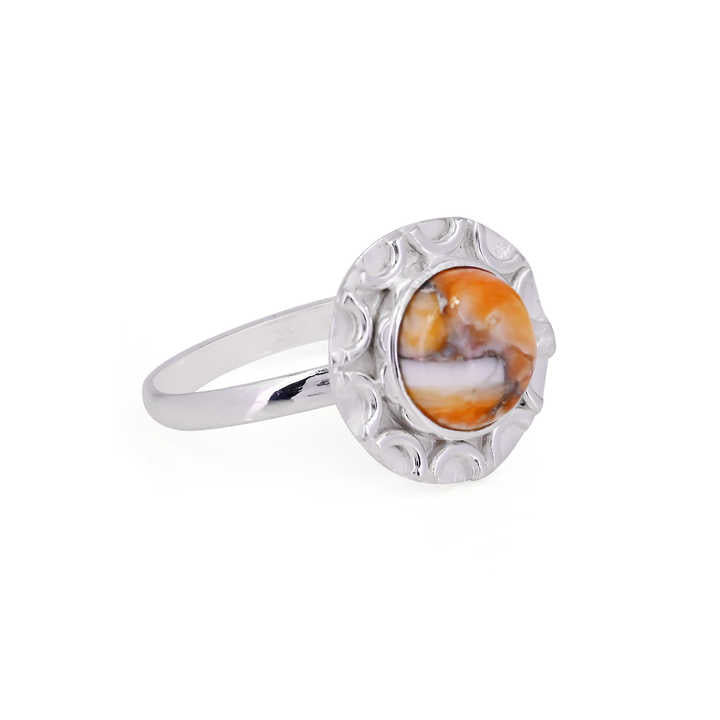 Superb Quality Solid 925 Sterling Silver Natural Orange Spiny Oyster Turquoise 10mm Round Shape Ring For Women Fine Jewelry