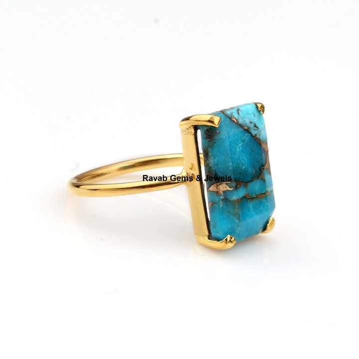 Hot Selling Natural Blue Copper Turquoise Gemstone Jewellery Gold Plated Solid 925 Sterling Silver Prong Setting Ring for Women