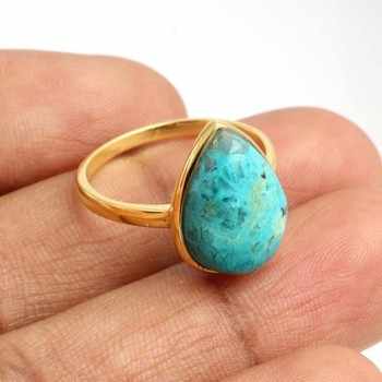 Dainty 10x14mm Natural Chrysocolla Stone Ring 18K Gold Plated 925 Sterling Silver Pear Shape Beautiful Fine Jewelry for Women