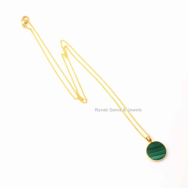 Best Selling Natural Malachite Round Coin Gemstone 925 Sterling Silver 18k Gold Plated Chain Dainty Layering Necklace for Her