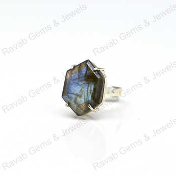 Superb Quality Solid 925 Sterling Silver Natural Flashy Labradorite Hexagon Shape Prong Ring Handmade Fine Jewelry for Women