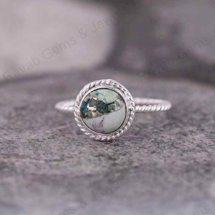 Best Quality Solid 925 Sterling Silver Natural Chrysocolla Copper 10mm Round Twisted Band Bezel Setting Ring Handmade Jewelry