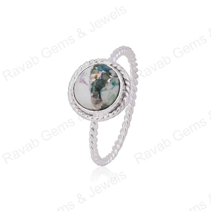 Best Quality Solid 925 Sterling Silver Natural Chrysocolla Copper 10mm Round Twisted Band Bezel Setting Ring Handmade Jewelry