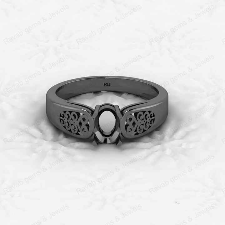 Genuine 925 Sterling Silver 7x5mm Oval Semi Mount Blank Prong Setting Filigree Pre-Notched Ring Good for Gemstone Fine Jewelry