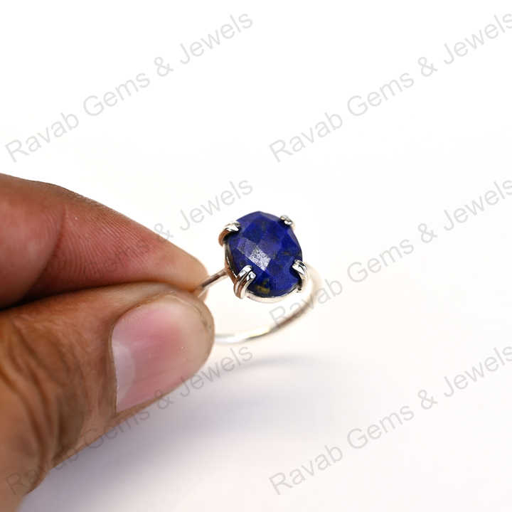 Top Selling Solid 925 Sterling Silver Natural Lapis Lazuli Oval Checker Cut Setting Ring for Women Fine Handmade Jewelry