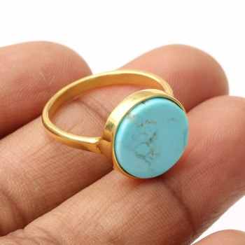 Solid 925 Sterling Silver 18K Gold Plated Handmade Kingman Blue Arizona Turquoise 12mm Ring for Women High Quality Fine Jewelry