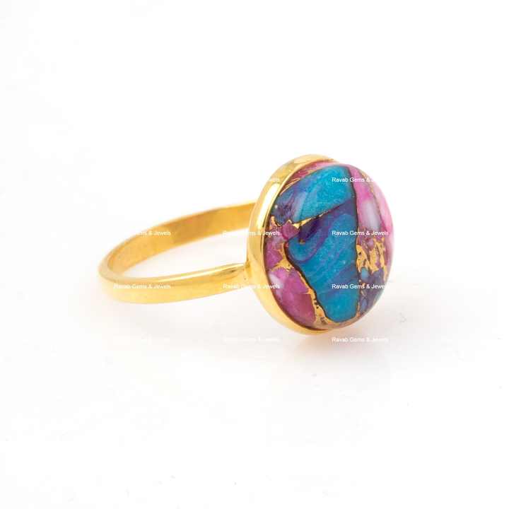 Beautiful 12mm Natural Mix Oyster Orange Purple Copper Turquoise Sterling Silver Jewelry Gold Plated Boho Round Ring for Her