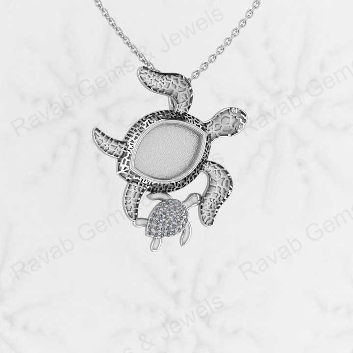 Genuine 925 Silver Mom & Baby Tortoises Marquise Semi Mount CZ Charm Pendant Setting for Ashes & Resin Work Breastmilk Jewelry