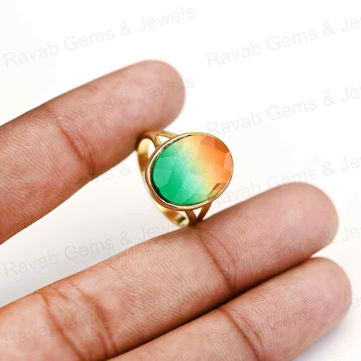 New Arrival Bio Color Tourmaline 925 Sterling Silver & 18K Gold Plated Ring 10x14mm Oval Shape Bezel Setting for Women