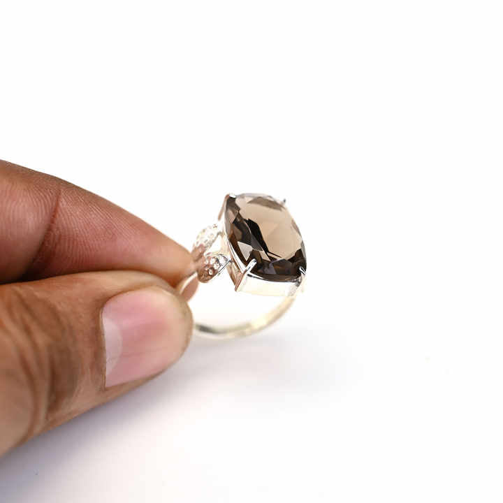 Best Quality Solid 925 Sterling Silver Sparkling Smoky Quartz Octa Cushion 10x14mm Prong Setting Ring Women Party Jewelry