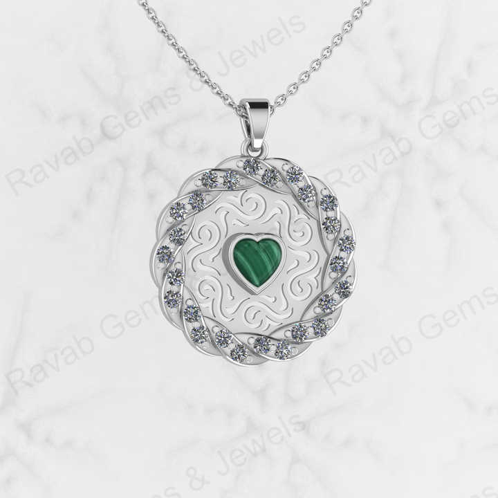 Solid 925 Sterling Silver Natural Malachite Gemstone Heart Shape 5.50mm Filigree Designer Pendant Necklace Handmade Jewelry