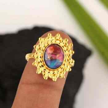 Top Selling 10x14mm Oval Mix Oyster Copper Turquoise Gemstone Ring Women 18K Gold Plated New Arrival Sterling Silver Fine