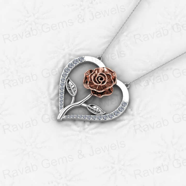 Beautiful 925 Silver 30mm Rose Leaf Flower in Heart CZ Valentines Day Dainty Pendant Necklace Personalized Love Keepsake Jewelry
