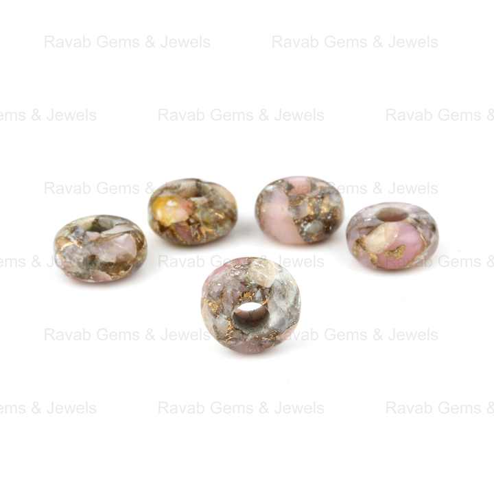 14x8mm Natural Pink Opal Coral Copper Composite Smooth Rondelle 5mm Big Hole Gemstone Beads for Jewelry Making Wholesale Price