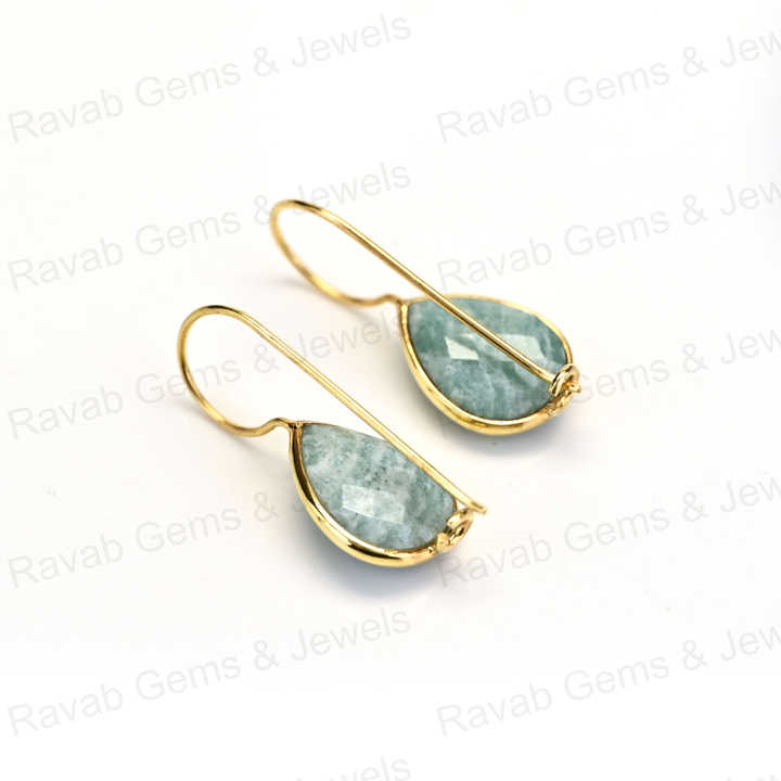 Best Quality Solid 925 Sterling Silver Natural Amazonite 8x12mm Pear Smooth 18k Gold Plated Dangle Drop Fine Earring for Women