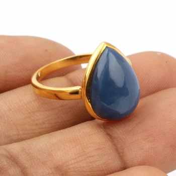 New Arrival Smooth Polished 10x14mm Natural Blue Opal Gemstone Solid Silver Bezel Micron Gold Plated Teardrop Ring Mom Fine