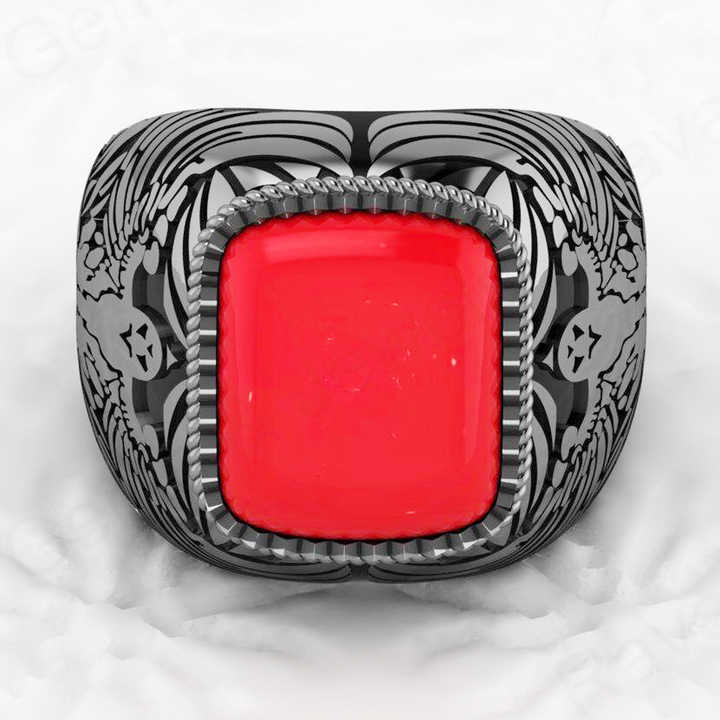 Best Selling Solid 925 Sterling Silver 9x13mm Red Coral Octa Cushion Shape Signet Ring for Men Customized Bikers Fine Jewelry
