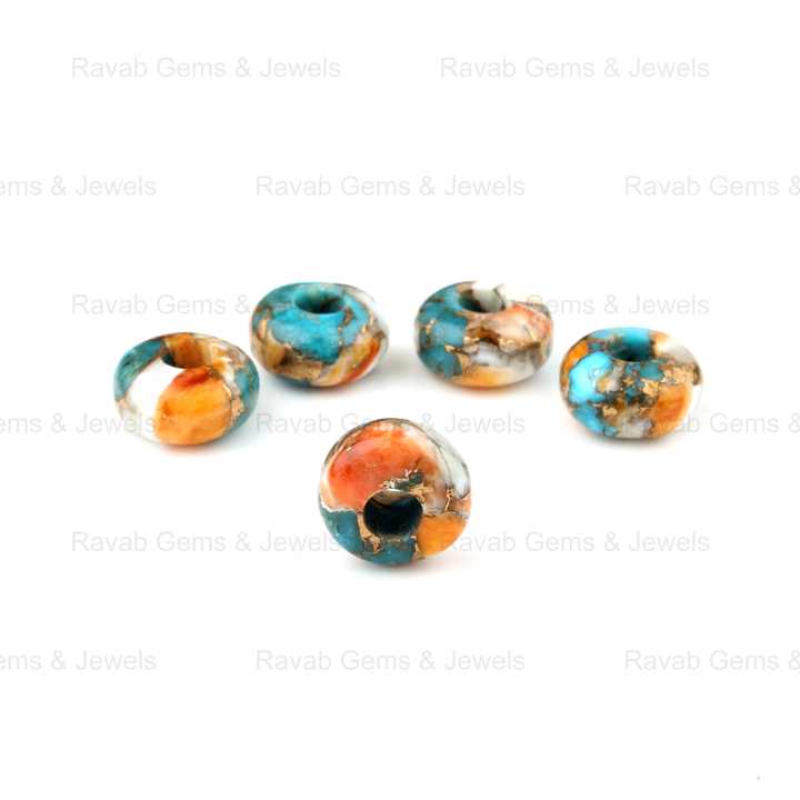 14x8mm Rondelle Big Hole Natural Smooth Spiny Oyster Turquoise Copper Composite Briolette Gemstone Beads for Jewelry Making