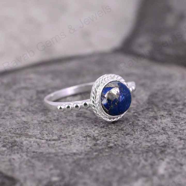 Natural Lapis Lazuli 10mm Round Cabochon Gemstone Solid 925 Sterling Silver Beaded Bezel Setting Ring Handmade Fine Jewelry
