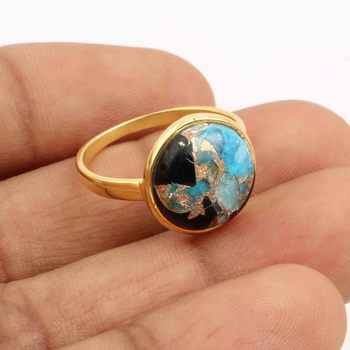 2025 New Design 18K Gold Plated 925 Sterling Silver Dainty Ring for Women Blue Black Copper Turquoise Stone Bezel Jewelry