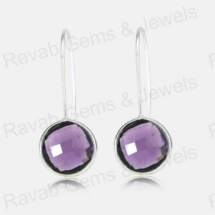 Top Quality Solid 925 Sterling Silver Amethyst Quartz 10mm Round Checker Cut Dangle Drop Earring for Women Fine Handmade Jewelry