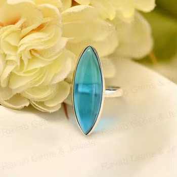 Top Selling 925 Sterling Silver Fine Ring for Women Handmade Blue Topaz Hydro Quartz 10x30mm Marquise Bezel Setting Jewelry