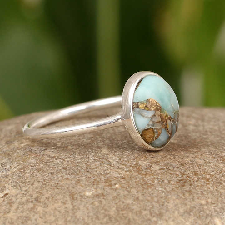 High Selling Genuine Copper Larimar Gemstone Oval Shape 10x14mm Solid 925 Sterling Silver Gemstone Womens Fine Gifted Ring
