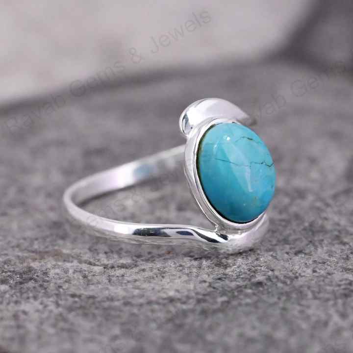 Top Quality Solid 925 Sterling Silver Natural Arizona Turquoise 8x10mm Bezel Setting Ring For Women Fine Handmade Jewelry