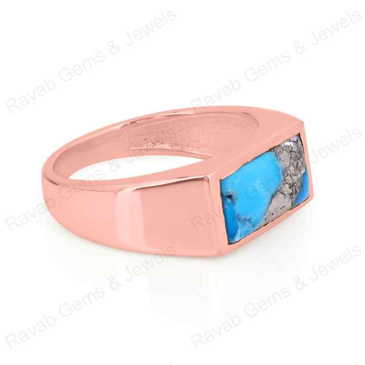 Best Quality Natural Pyrite Turquoise Gemstone Solid 925 Sterling Silver 18k Rose Gold Plated Ring For Women Party Fine Jewelry