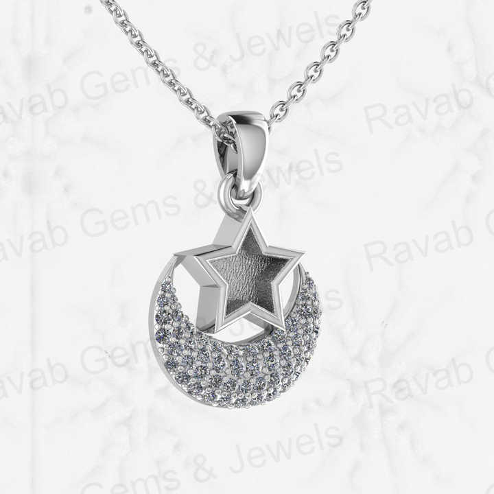 Solid 925 Sterling Silver 21x14mm Moon & Star Semi Mount Blank Setting Charm Pendant for Ashes & Resin Breastmilk CZ Jewelry