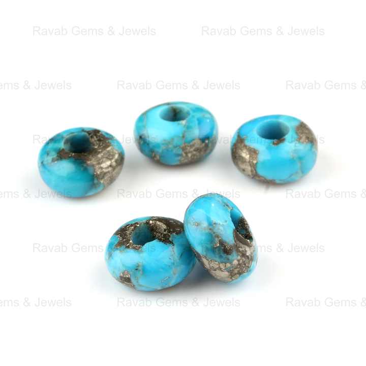 14x8mm Natural Polished Pyrite Turquoise Rondelle Shape Smooth Big Hole Size Briolette Gemstone Beads for Making Jewelry