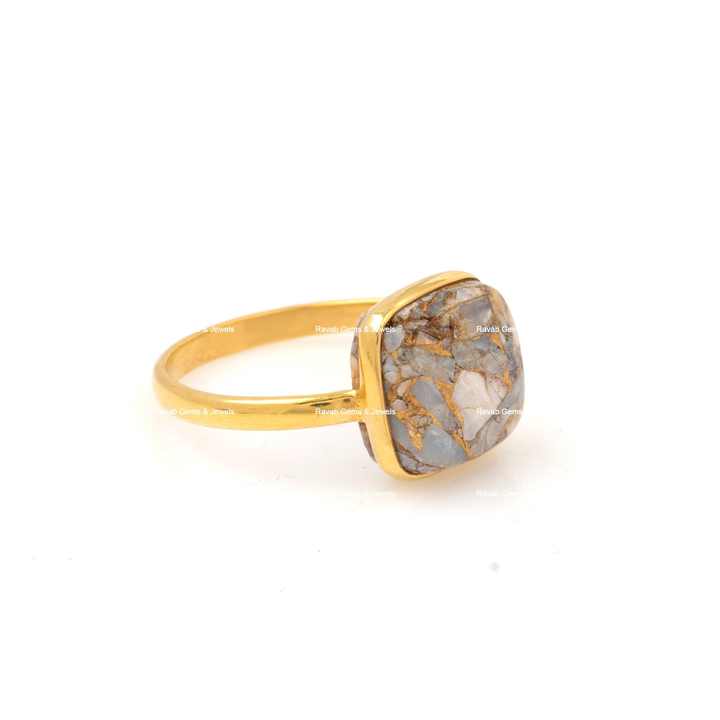 Beautiful 12mm Cushion Natural Ethiopian Opal Copper Gemstone Jewellery Polished Gold Plated Silver Dainty Boho Ring for Women
