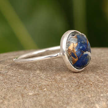Top Selling 925 Sterling Silver Women's Ring Mohave Lapis Lazuli & Copper Gemstone Bezel 10x17mm Coffin Dainty Fine Jewelry
