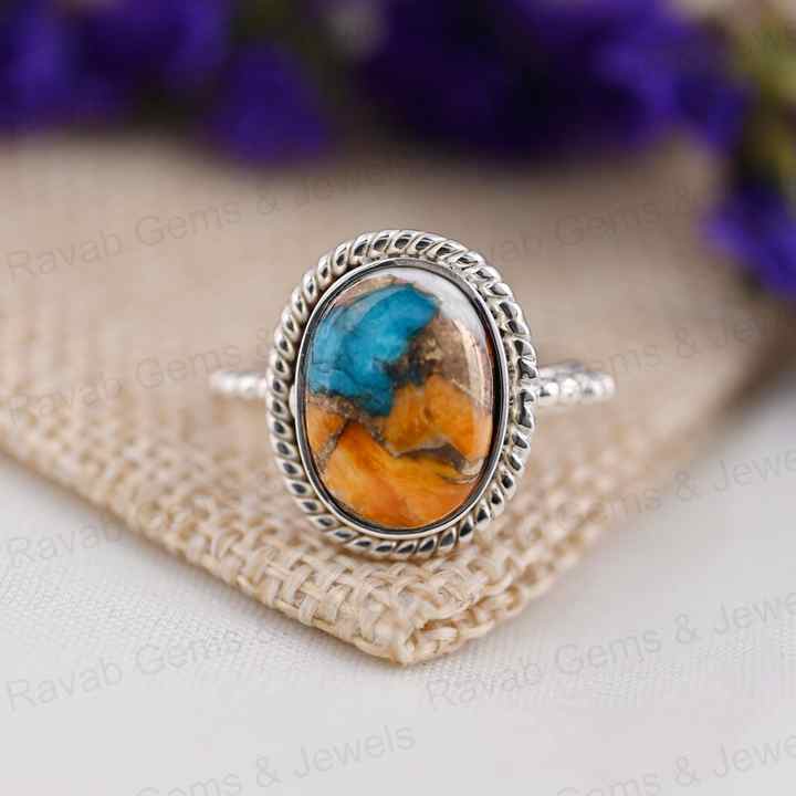 Best Selling 10x14mm Spiny Oyster Copper Turquoise Gemstone Bezel Real Sterling Silver Handmade Boho Dainty Oval Ring for Women