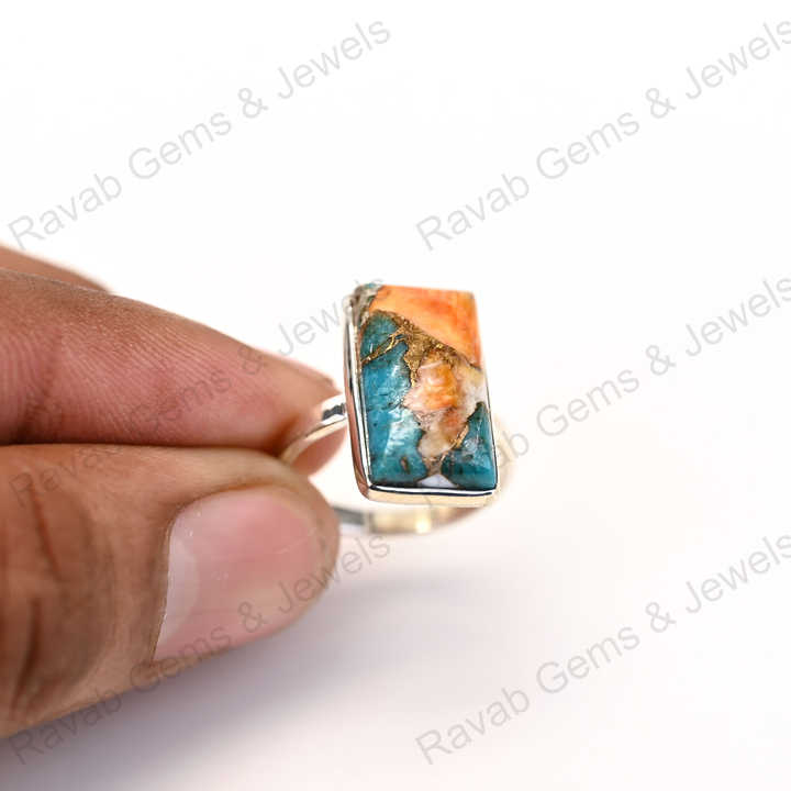 Superb Quality Solid 925 Sterling Silver Mix Oyster Turquoise Rectangle Shape Bezel Setting Ring for Women Fine Handmade Jewelry
